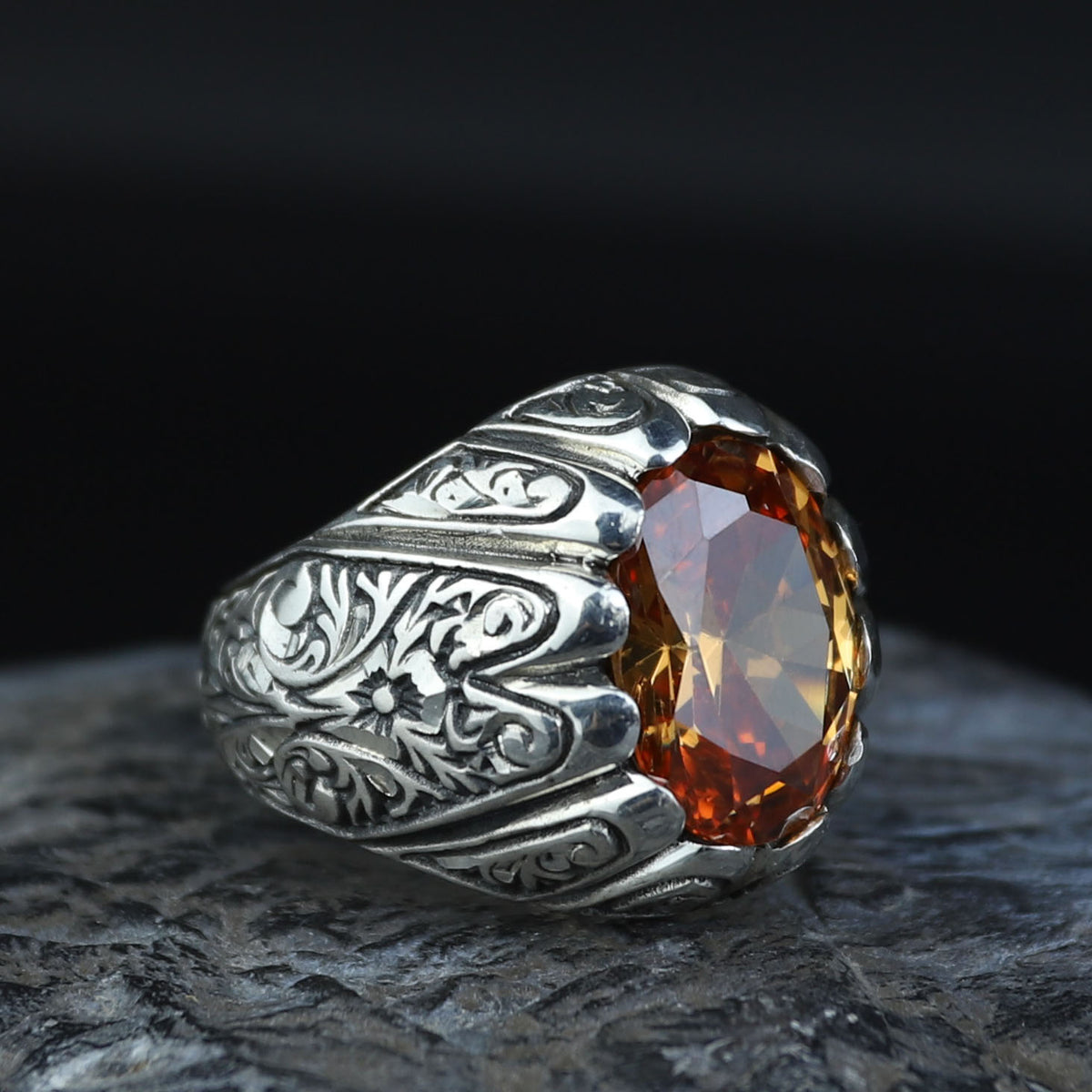 925 Sterling Silver Citrine Ring for Men – Handmade Vintage Style