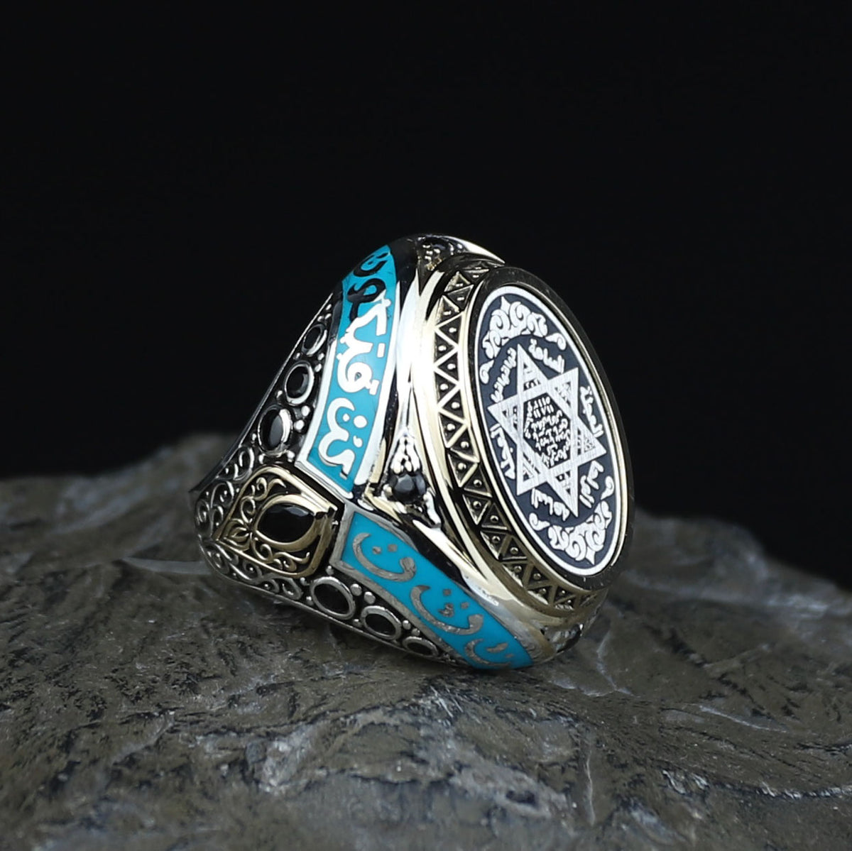 925 Sterling Silver Handmade Solomon Signet Ring, Turquoise Stone King Solomon Signet Ring, Gift For Men