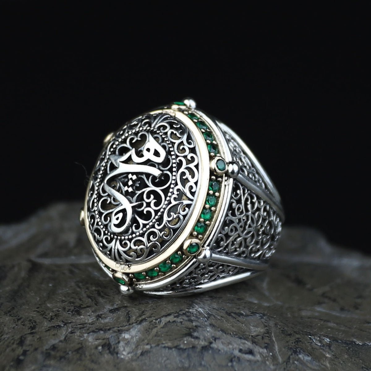 925 Sterling Silver Emerald Stone Islamic Ring, Ottoman Style Handmade Arabic Ring, Gift For Men