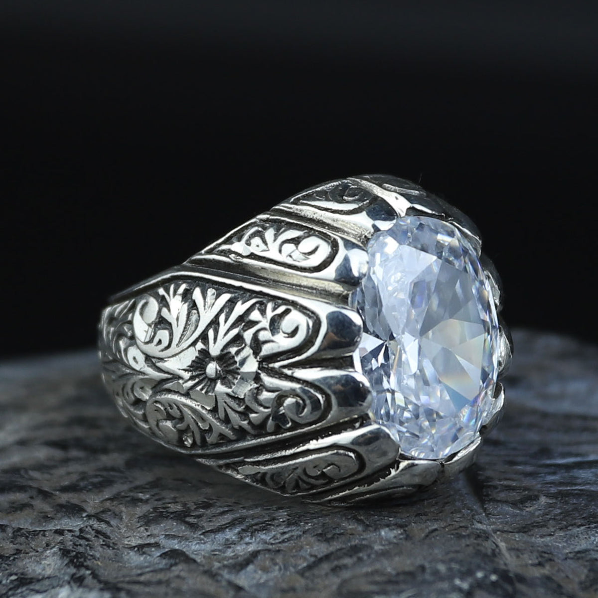 925 Sterling Silver Moissanite Ring for Men Vintage Ottoman Style