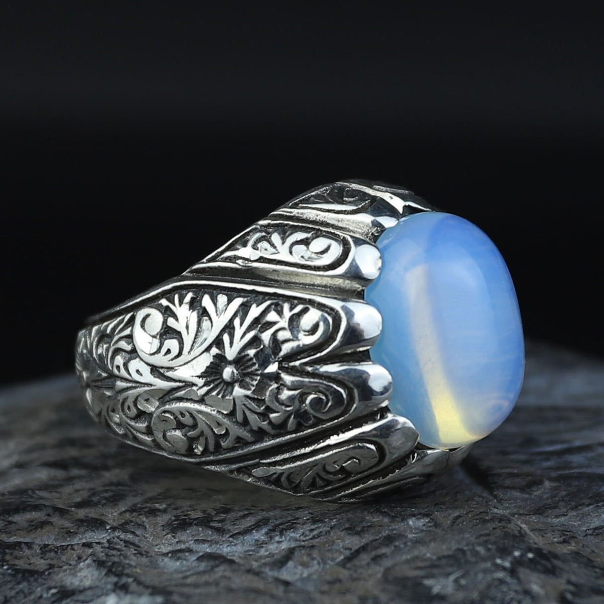 925 Sterling Silver Moonstone Ring for Men Natural Rainbow Moonstone Vintage Style