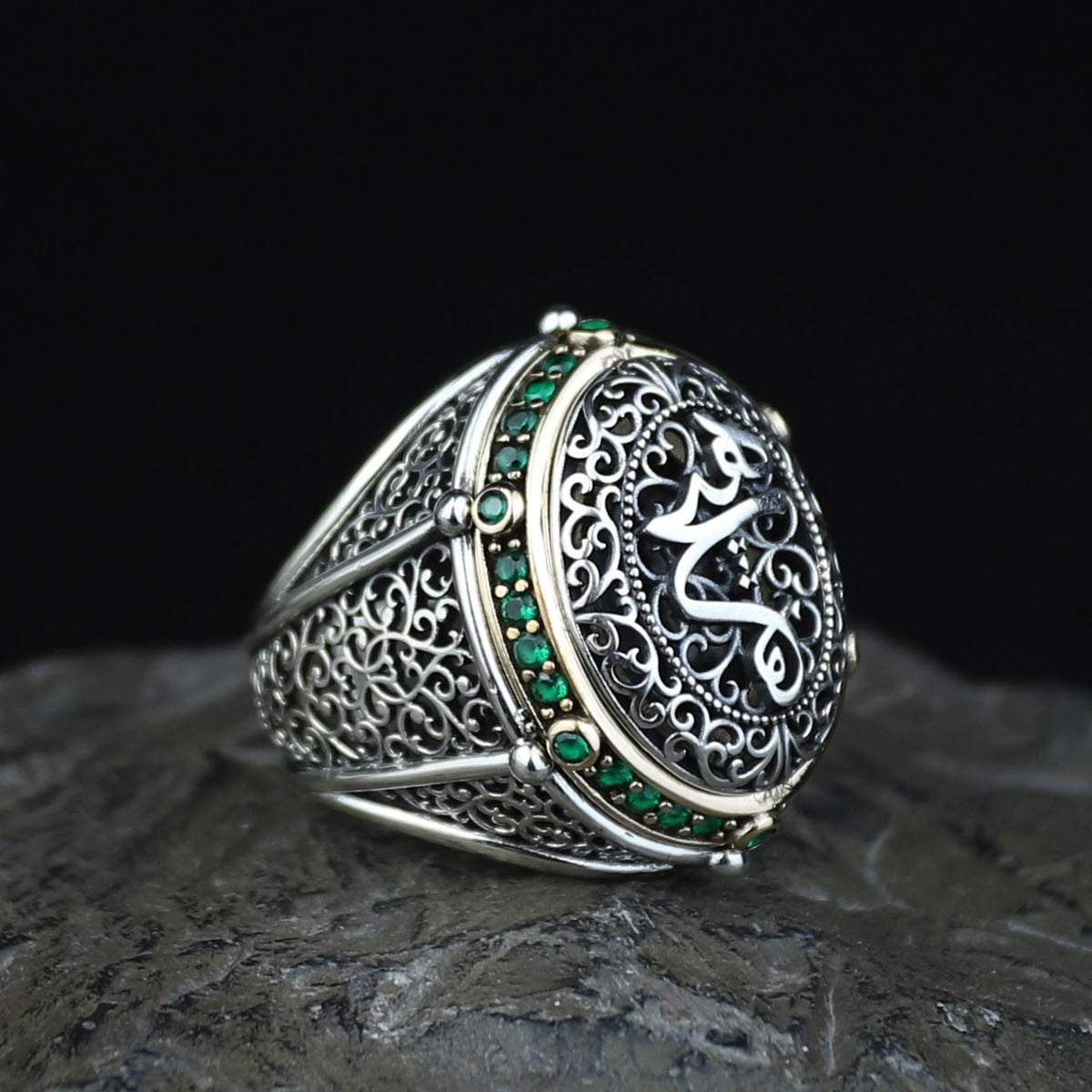 925 Sterling Silver Emerald Stone Islamic Ring, Ottoman Style Handmade Arabic Ring, Gift For Men