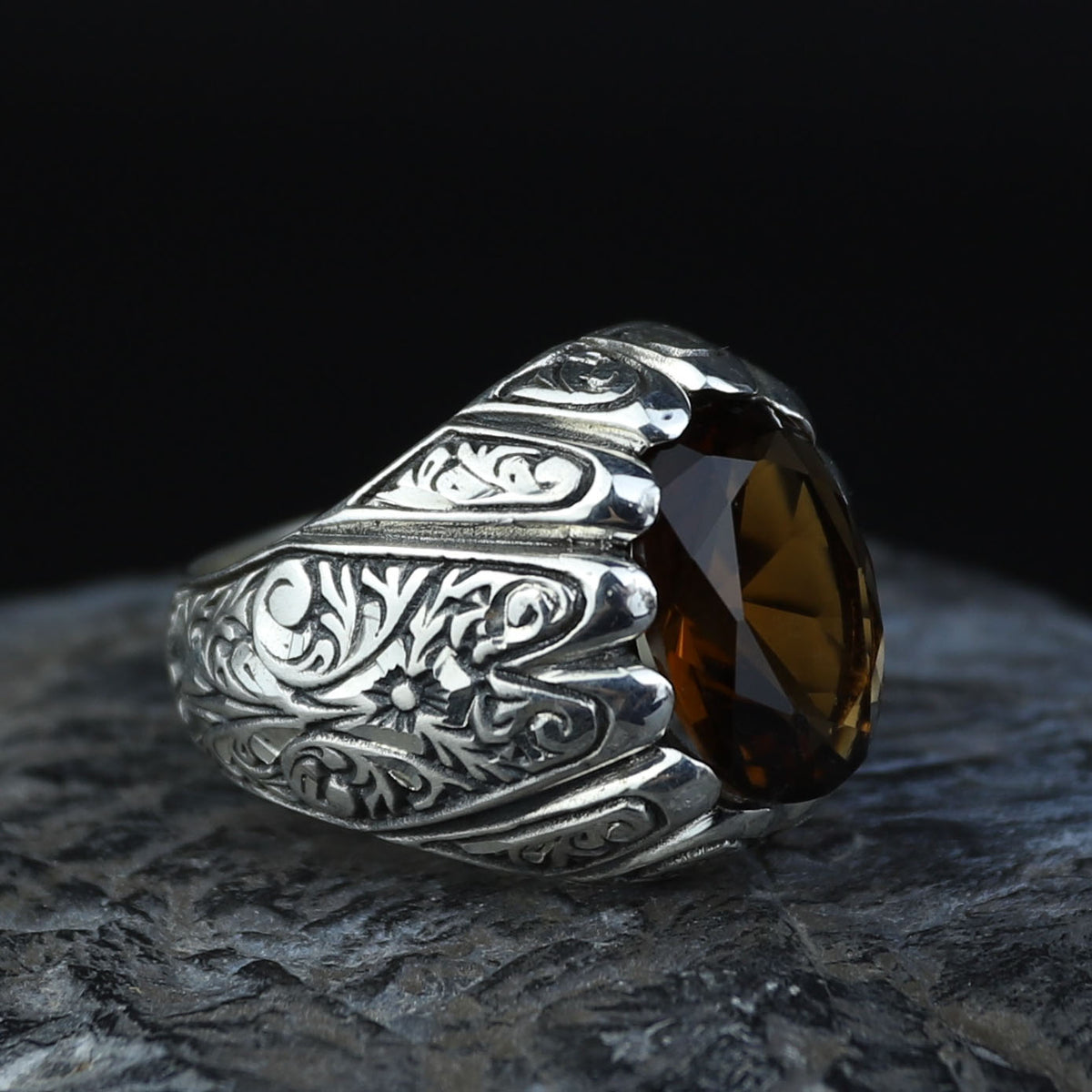 Silver Sultanite Ring for Men – Vintage Engraved Signet Style