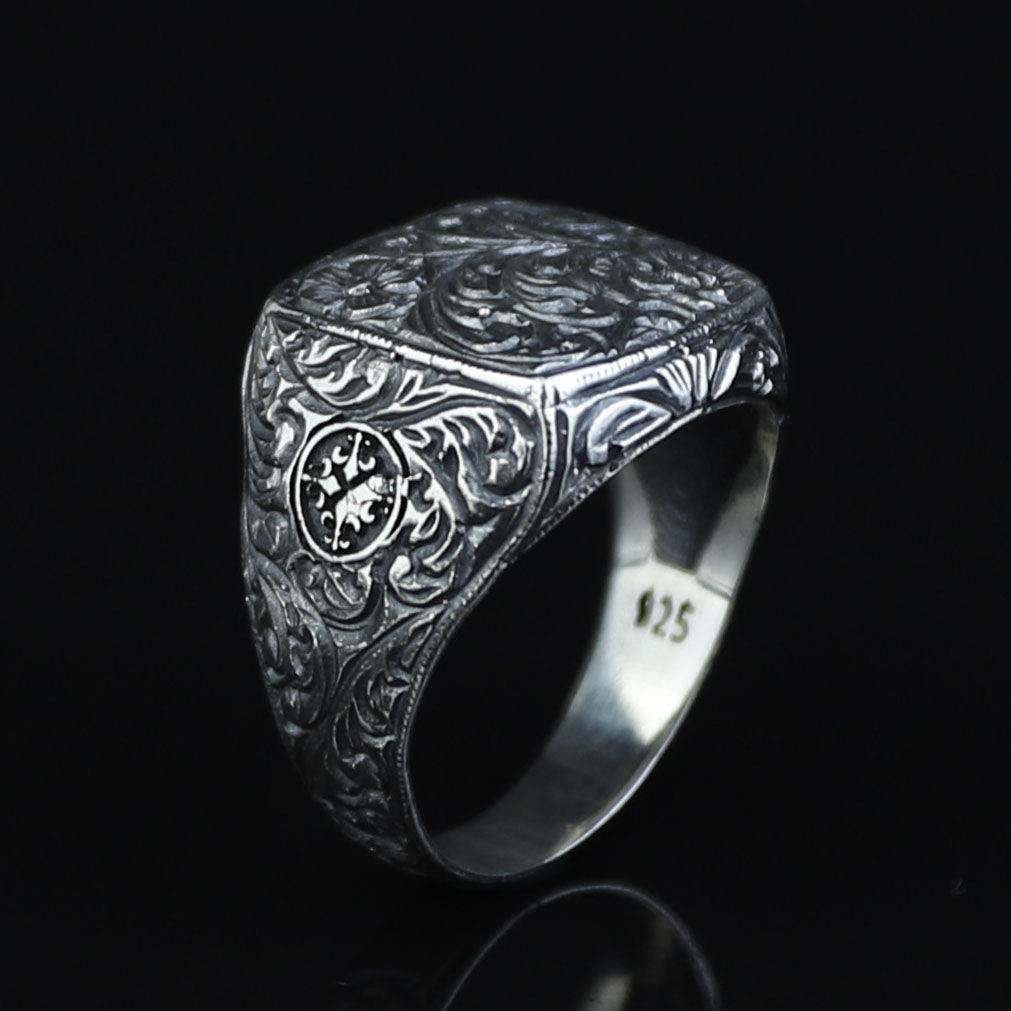 Silver Engraved Gothic Ring, Statement Engraved Signet Ring, Hand Engraved Signet Ring, Unisex Band Ring