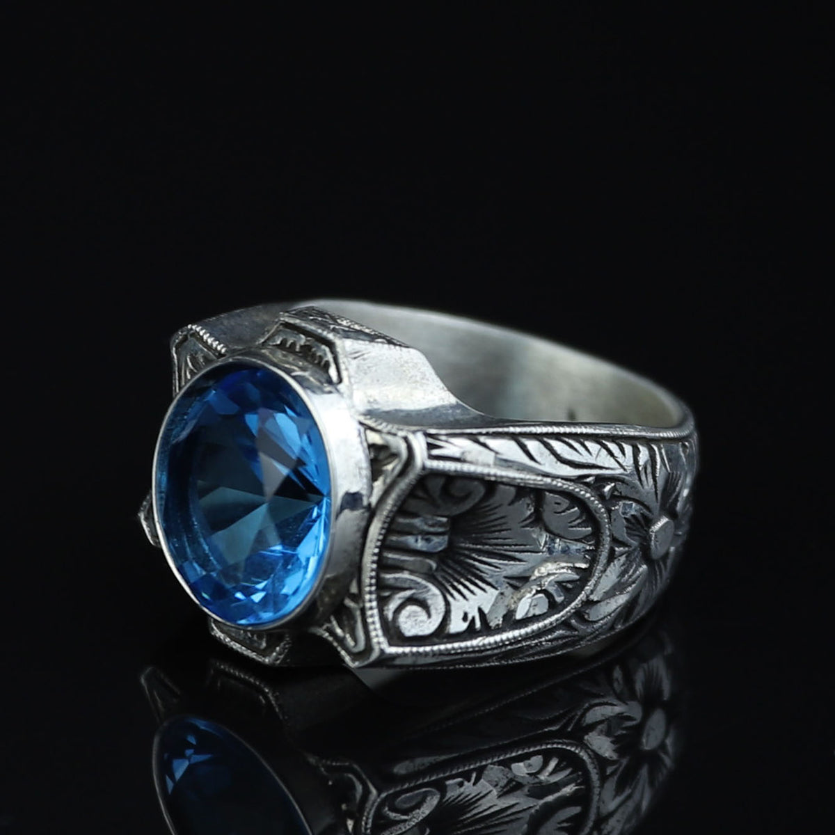 925 Sterling Silver Aquamarine Ring – Vintage Ottoman Signet Style