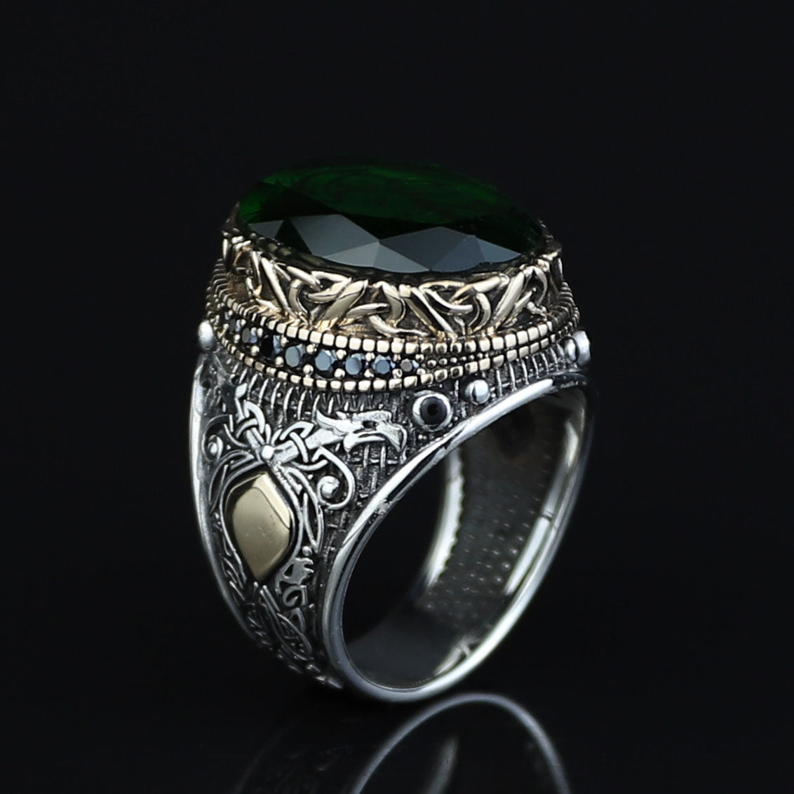 925 Silver Zodiac Leon Signet Ring, Emerald Stone Lion Head Ring, Handmade Silver Zodiac Ring, 925k Sterling Silver Ring, Ring For Men