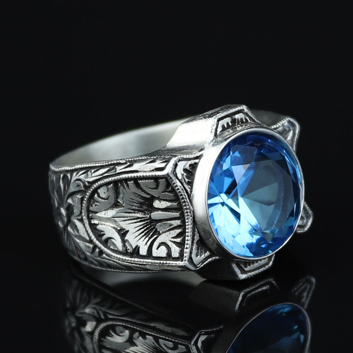 925 Sterling Silver Aquamarine Ring – Vintage Ottoman Signet Style