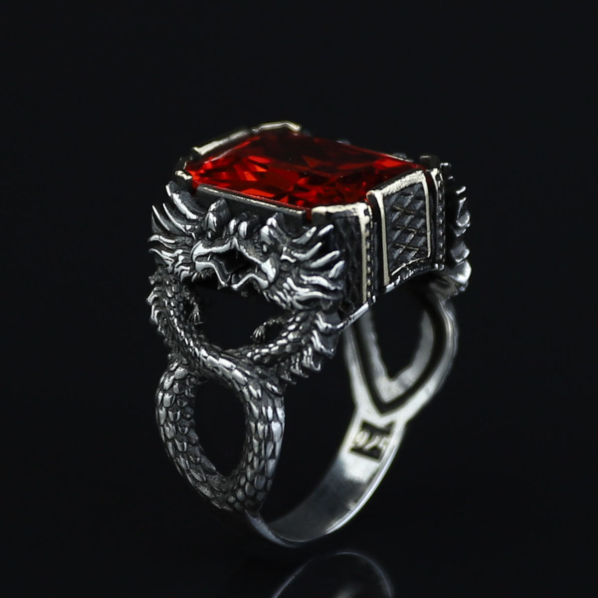 925 Silver Garnet Dragon Ring, Gothic Silver Dragon Ring, Ruby Red Unique Ring, 925k Sterling Silver , Gift For Him