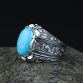 925 Men Handmade Natural Blue Turquoise Gemstone Engraved Ring