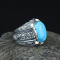 925 Men Handmade Natural Blue Turquoise Gemstone Engraved Ring