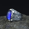 Men Handmade Engraved Blue Sapphire Gemstone Signet Ring