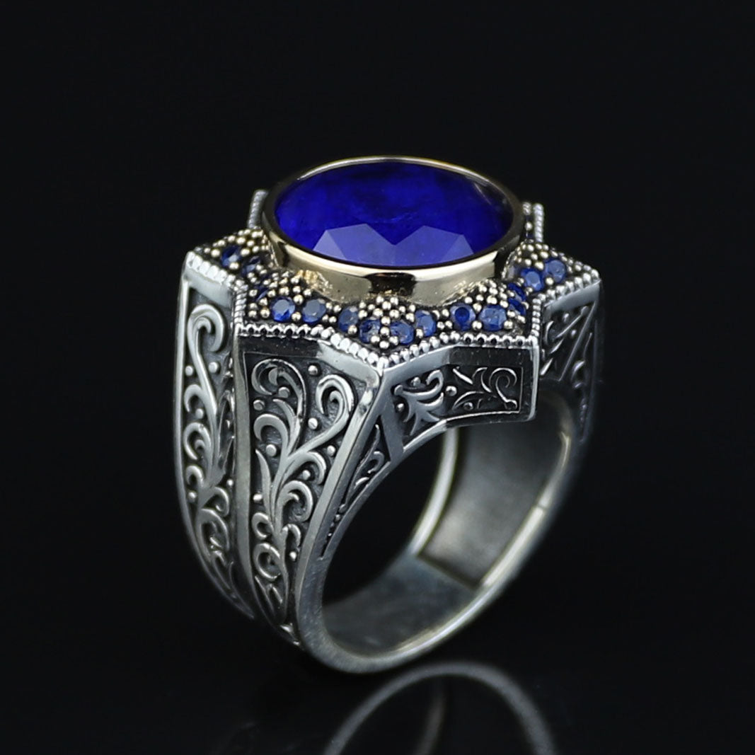 Mens Blue Sapphire Ring, Star Sapphire Gemstone Ring, Turkish Handmade Ottoman Style Ring, Turkish Handmade Ring, 925 Sterling Silver