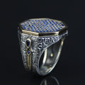 Men Blue Sapphire Stone Signet Ring, Multi Sapphire Stone Ring, Turkish Handmade Ottoman Ring , Father Day Gift, 925k Sterling Silver Ring