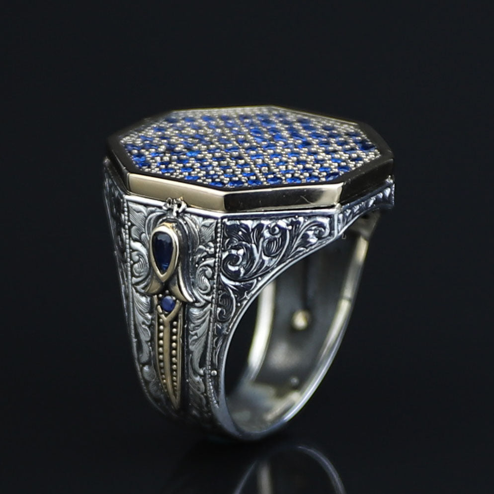Men Blue Sapphire Stone Signet Ring, Multi Sapphire Stone Ring, Turkish Handmade Ottoman Ring , Father Day Gift, 925k Sterling Silver Ring