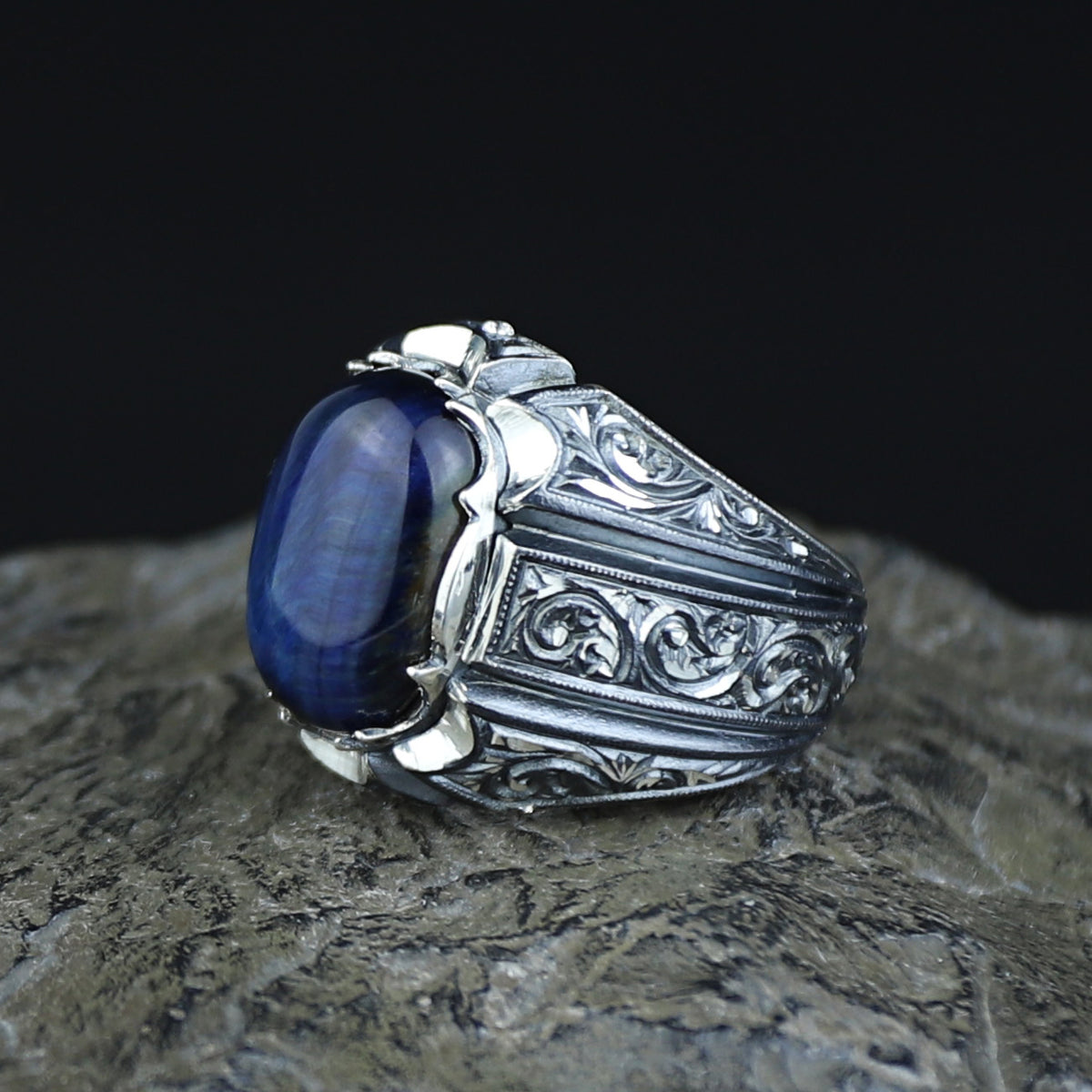 925 Sterling Silver Handmade Blue Tiger Eye Gemstone Ottoman Style Ring