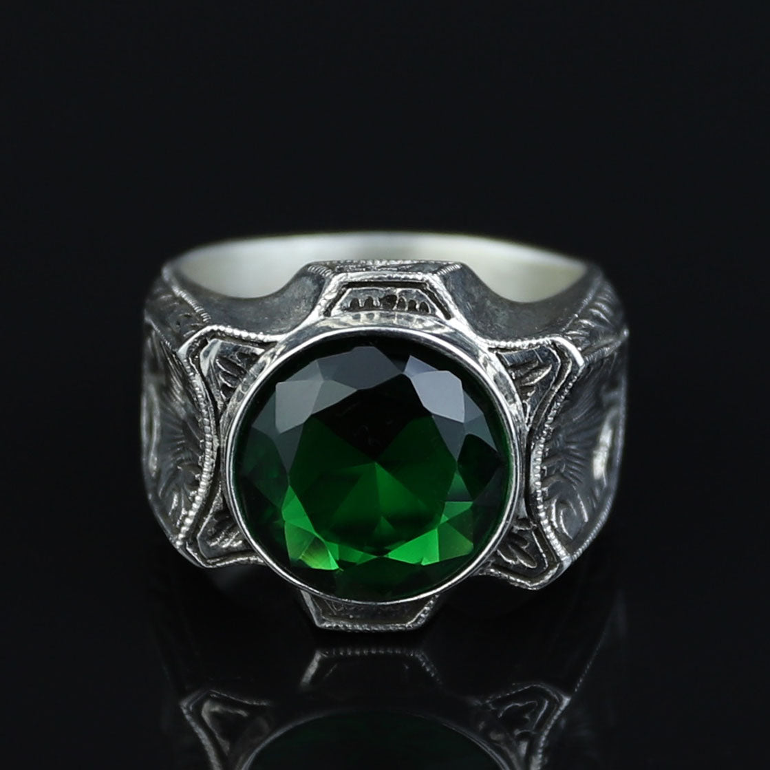 925 Sterling Silver Green Emerald Ring for Men – Handmade Vintage Style
