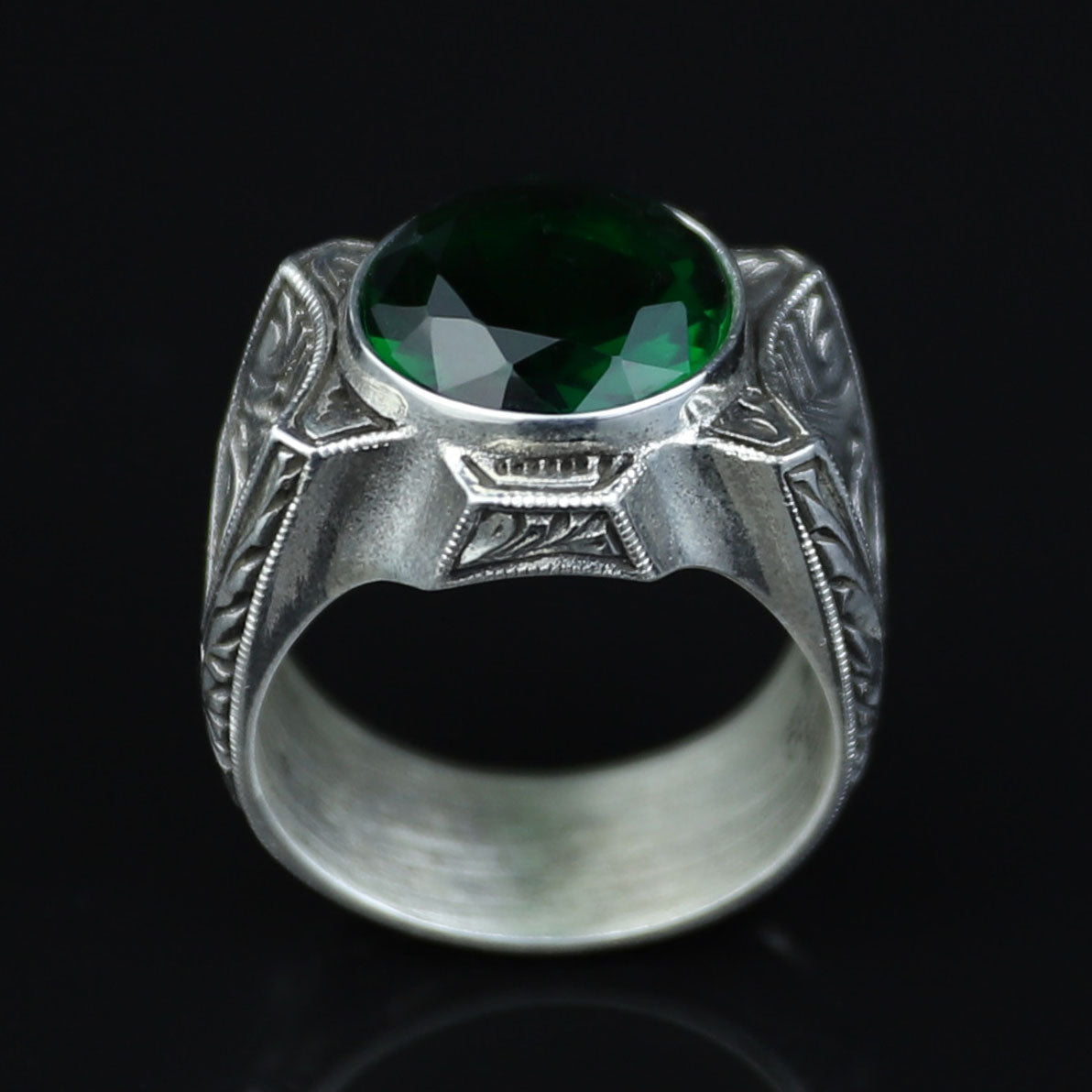 925 Sterling Silver Green Emerald Ring for Men – Handmade Vintage Style