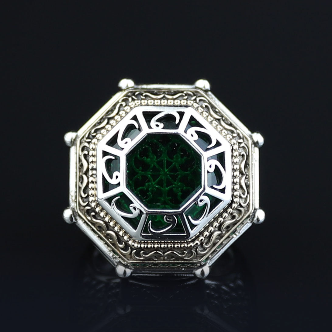 Men Islamic Vintage Emerald Stone Ring, Round Engraved Green Stone Ring, Turkish Handmade Ring, Ottoman Style Ring, 925k Silver Ring