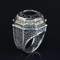 Men Islamic Vintage Emerald Stone Ring, Round Engraved Green Stone Ring, Turkish Handmade Ring, Ottoman Style Ring, 925k Silver Ring