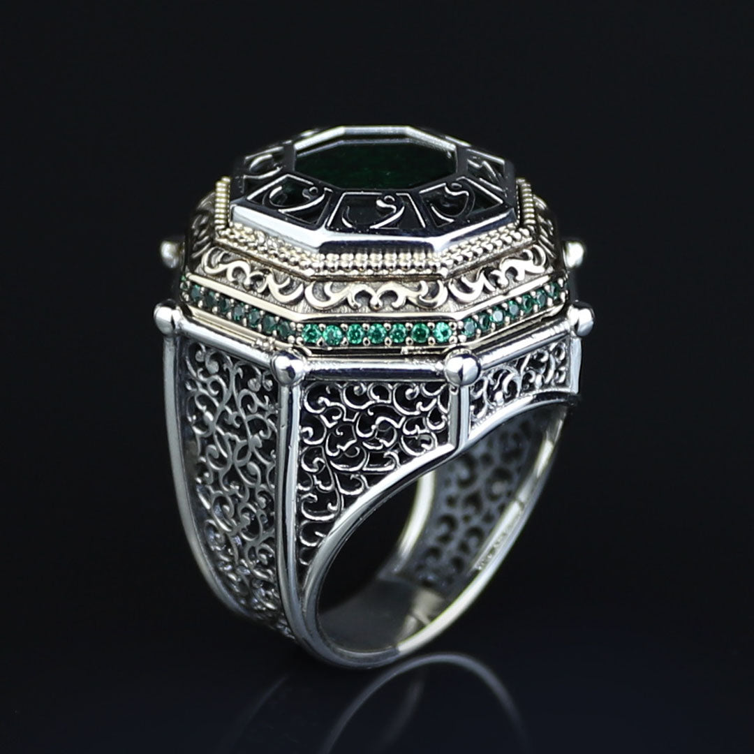 Men Islamic Vintage Emerald Stone Ring, Round Engraved Green Stone Ring, Turkish Handmade Ring, Ottoman Style Ring, 925k Silver Ring