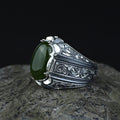 925 Men Silver Handmade Green Jade Gemstone Ottoman Style Ring