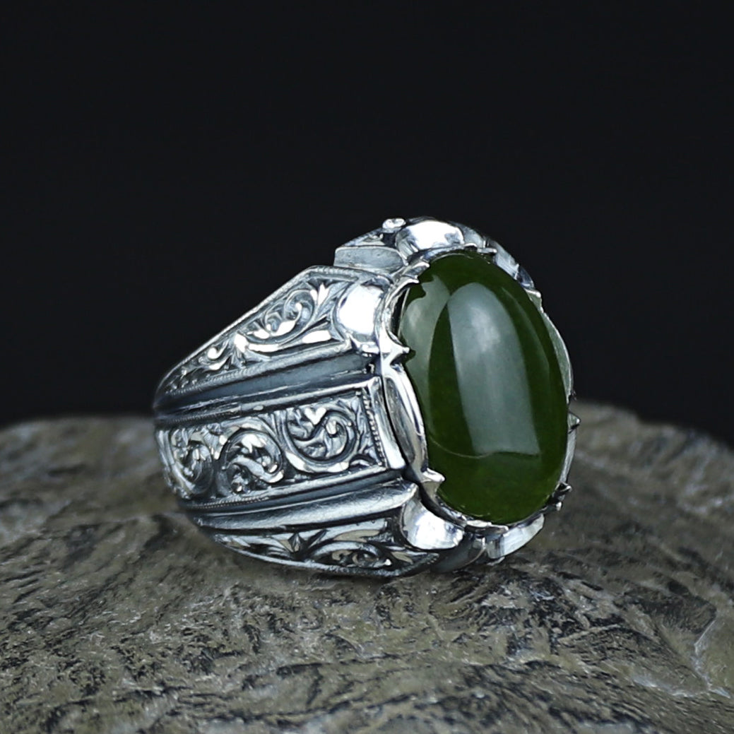 925 Men Silver Handmade Green Jade Gemstone Ottoman Style Ring