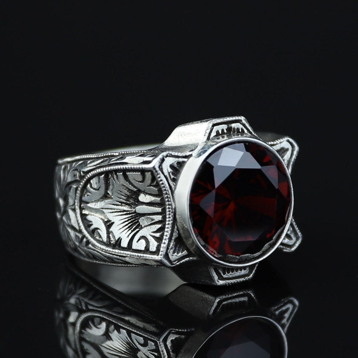 925 Sterling Silver Garnet Ring for Men – Handmade Vintage Style