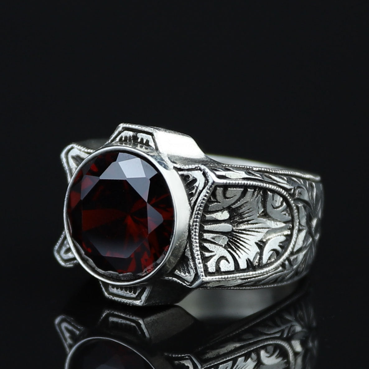 925 Sterling Silver Garnet Ring for Men – Handmade Vintage Style