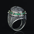925 Sterling Silver Emerald Stone Islamic Ring, Ottoman Style Handmade Arabic Ring, Gift For Men