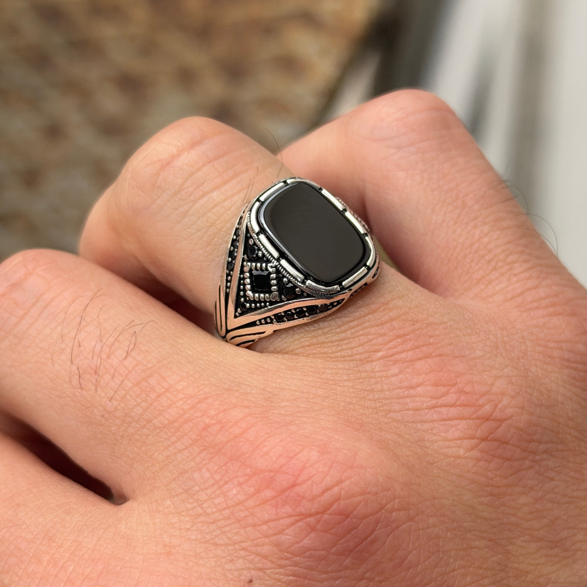 925 Sterling Silver Black Onyx Ring for Men