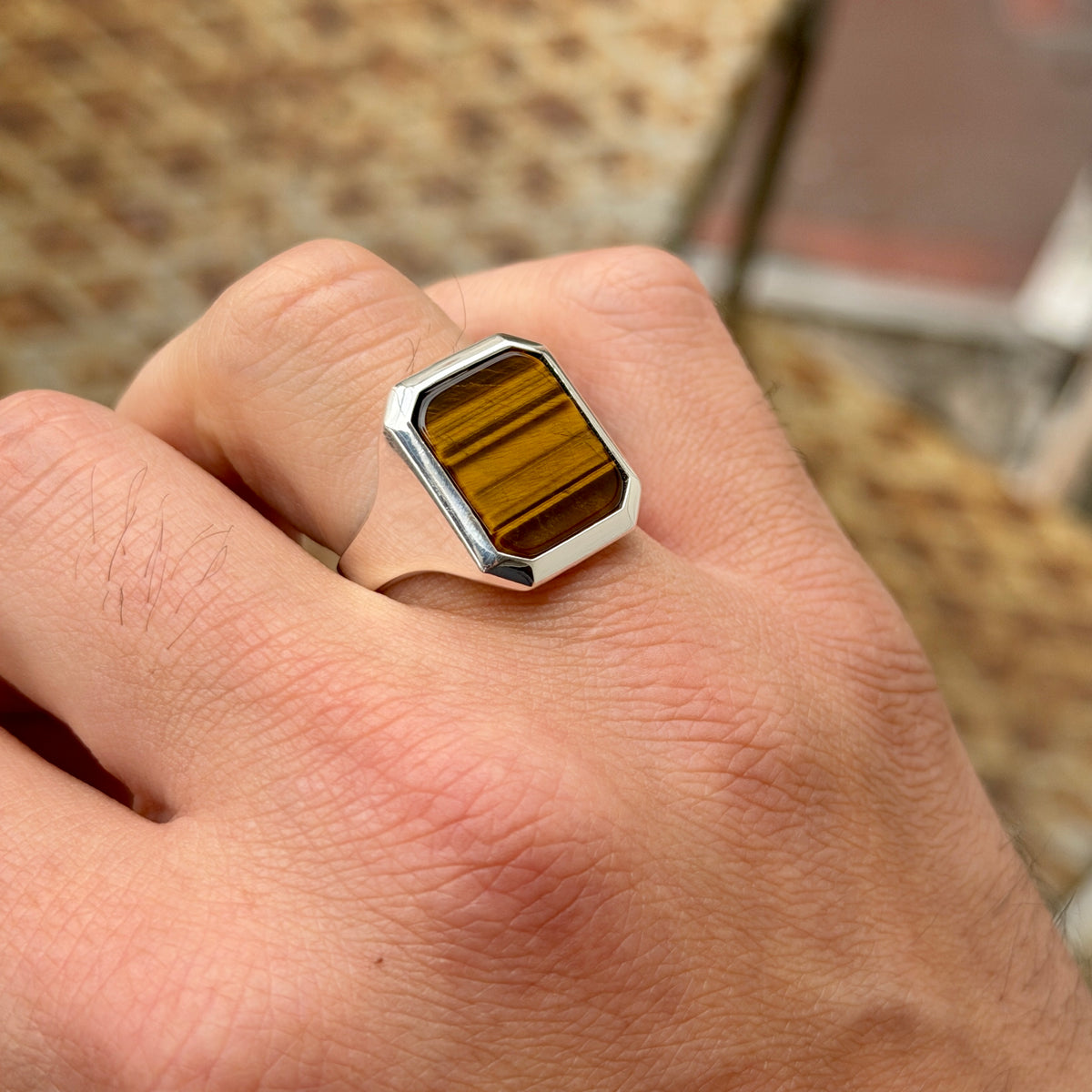 925 Sterling Silver Square Tiger Eye Signet Ring for Men