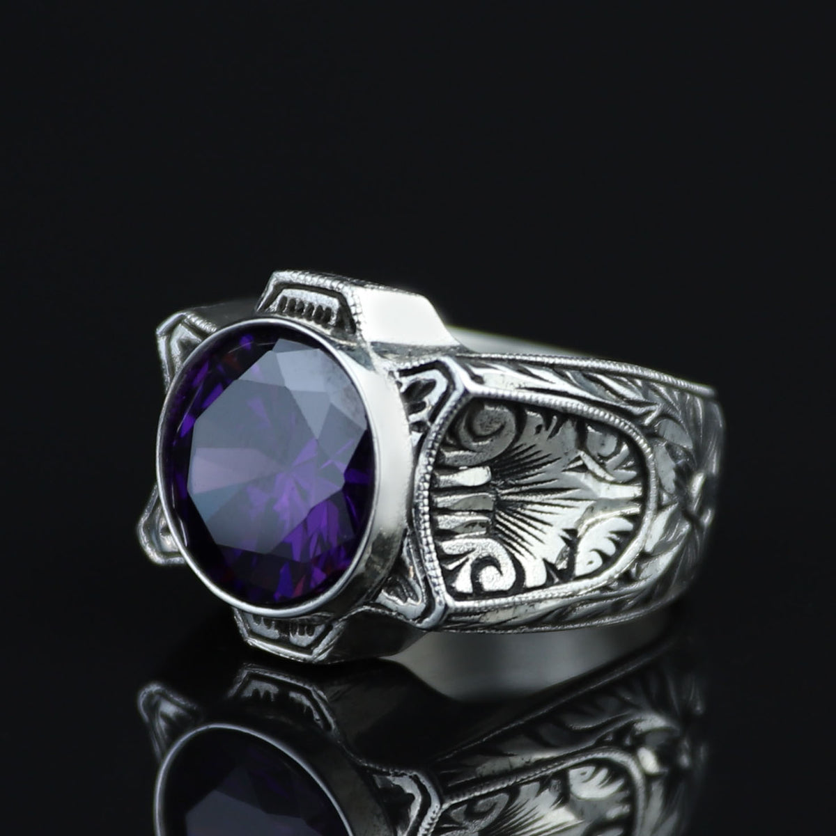 925 Sterling Silver Amethyst Ring for Men – Handmade Vintage Style