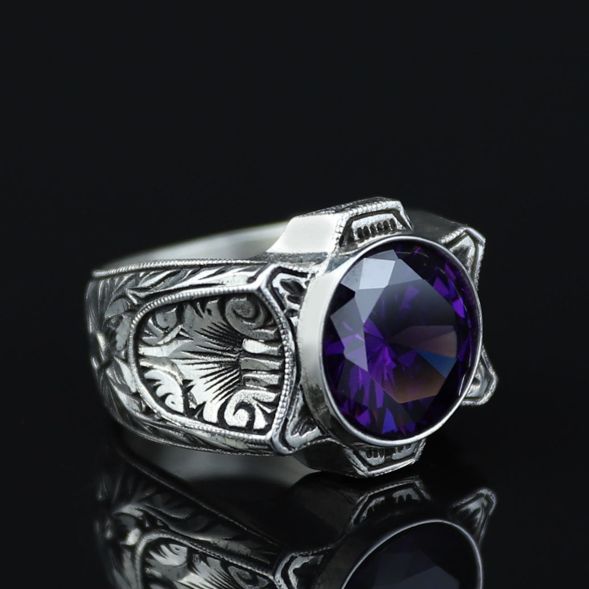 925 Sterling Silver Amethyst Ring for Men – Handmade Vintage Style