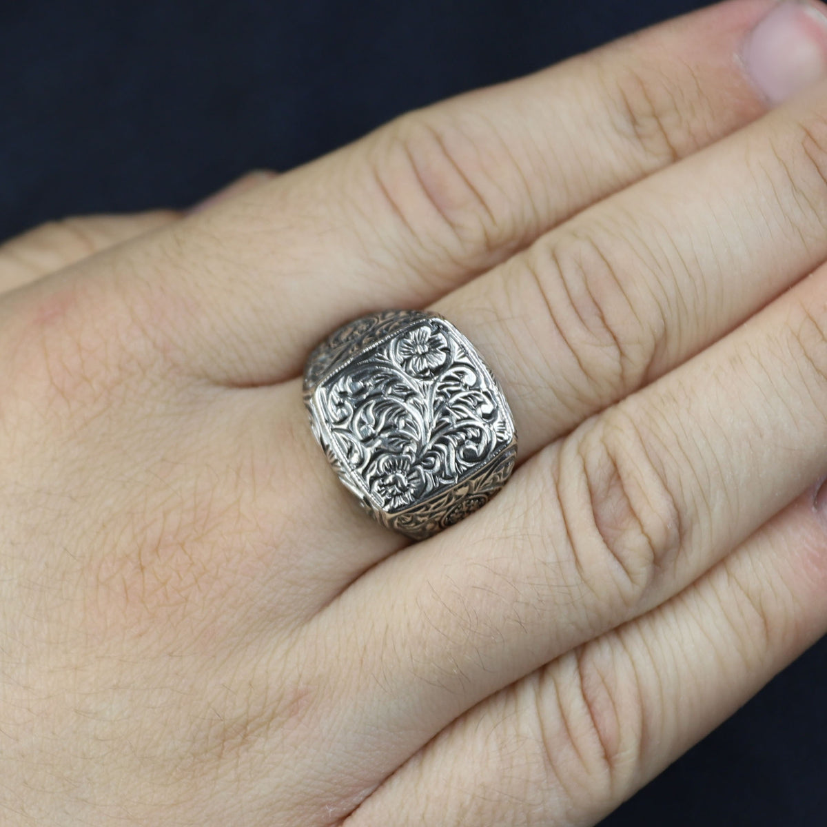 Silver Engraved Gothic Ring, Statement Engraved Signet Ring, Hand Engraved Signet Ring, Unisex Band Ring