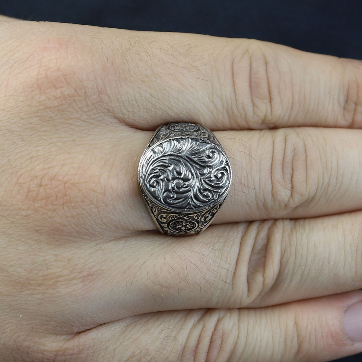 Silver Engraved Gothic Ring, Statement Engraved Signet Ring, Hand Engraved Signet Ring, Unisex Band Ring, 925k Sterling Silver