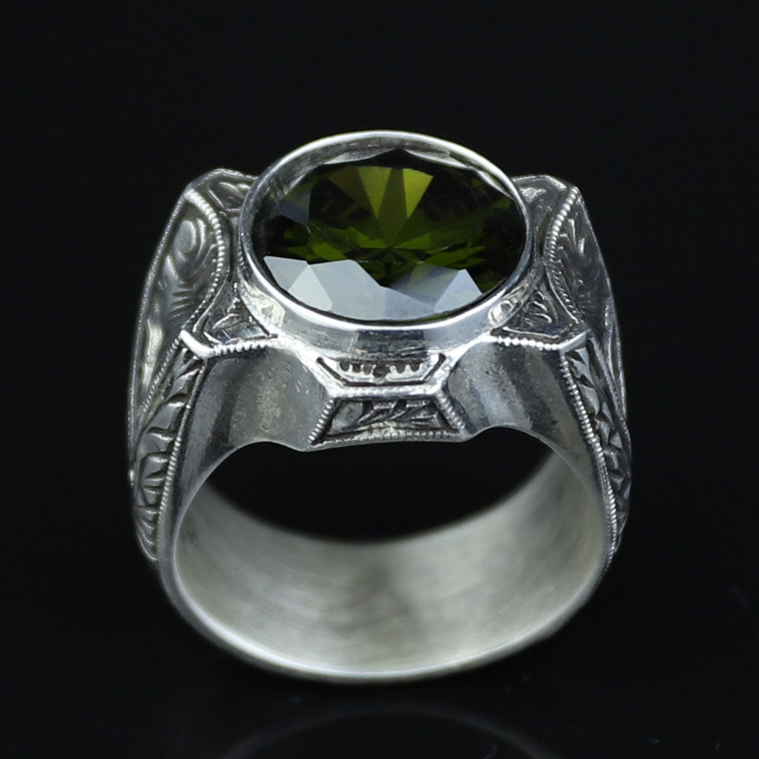 925 Sterling Silver Peridot Ring for Men – Vintage Ottoman Signet Style