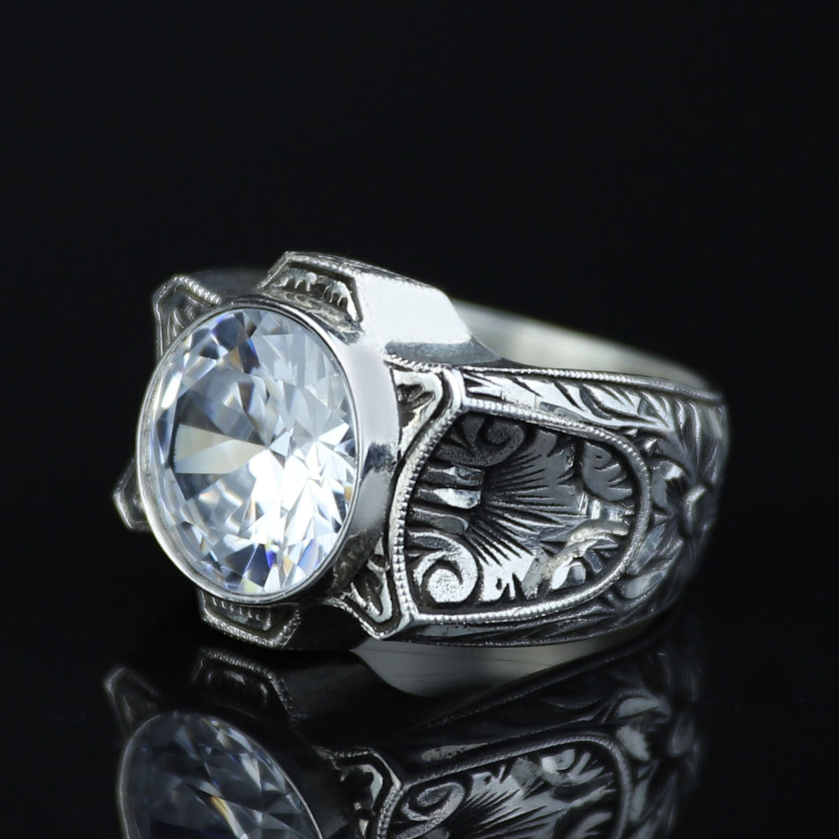 925 Sterling Silver Moissanite Ring for Men – Vintage Ottoman Style