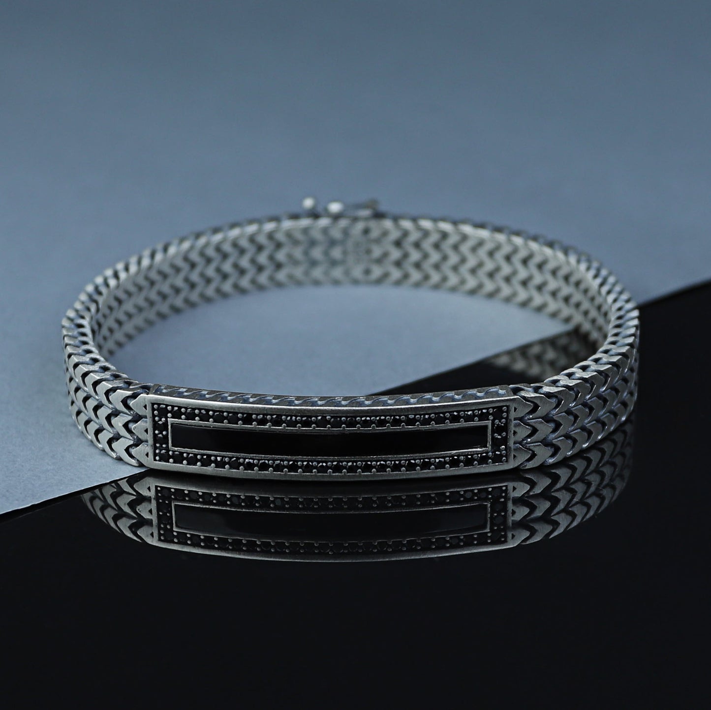 Silver Onyx Gemstone Foxtail 10MM Chain Bracelet