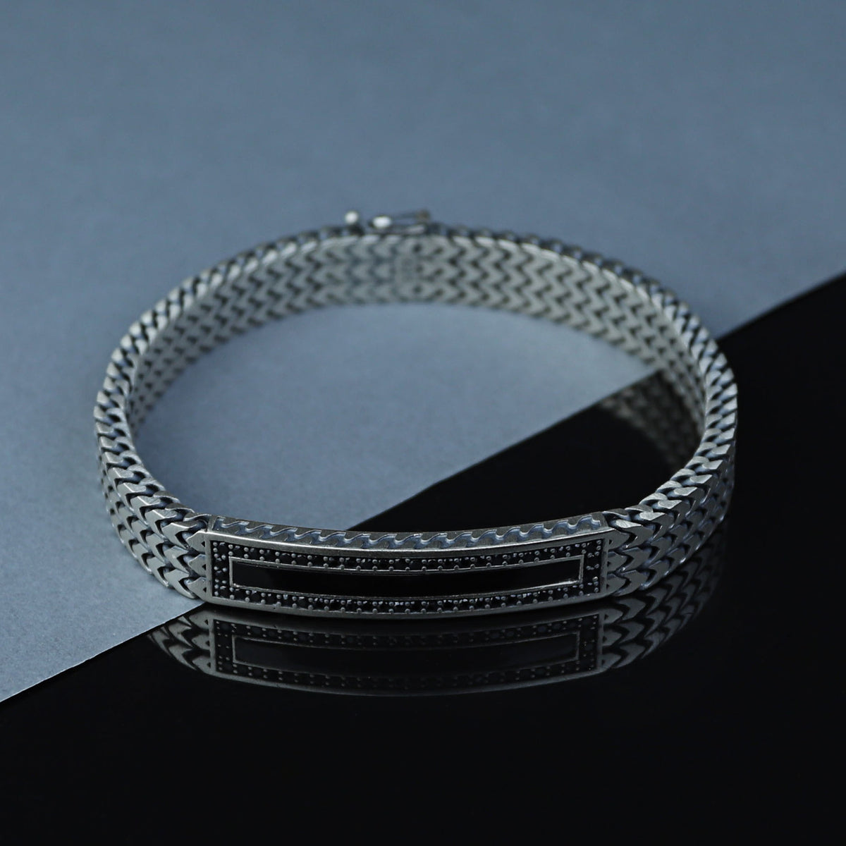 Silver Onyx Gemstone Foxtail 10MM Chain Bracelet