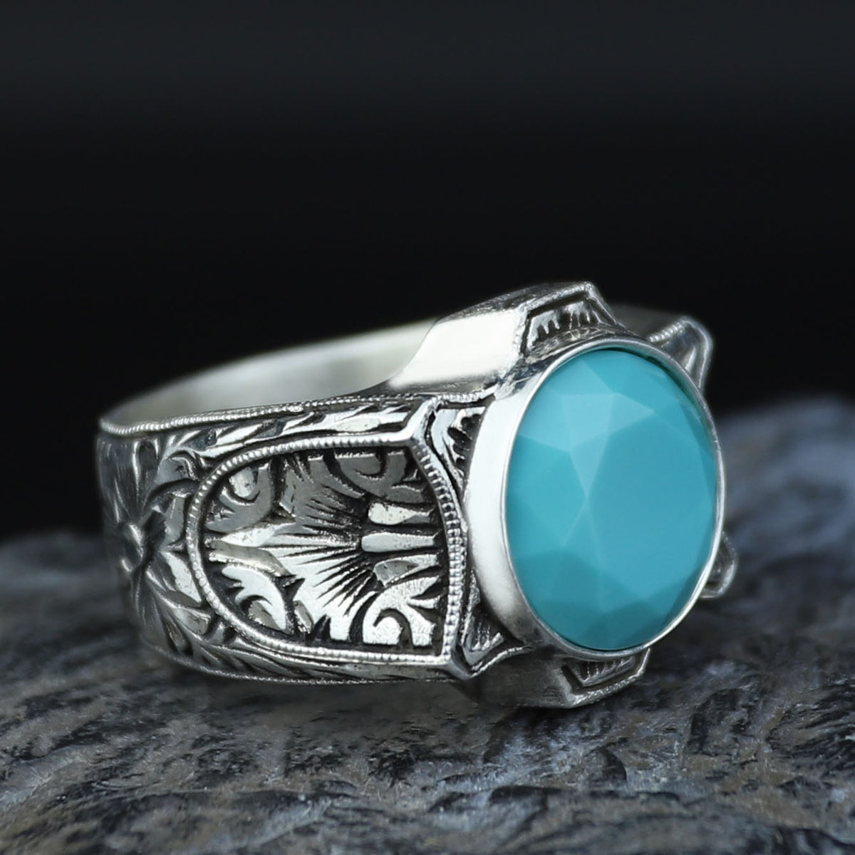 925 Sterling Silver Turquoise Ring for Men – Handmade Vintage Style