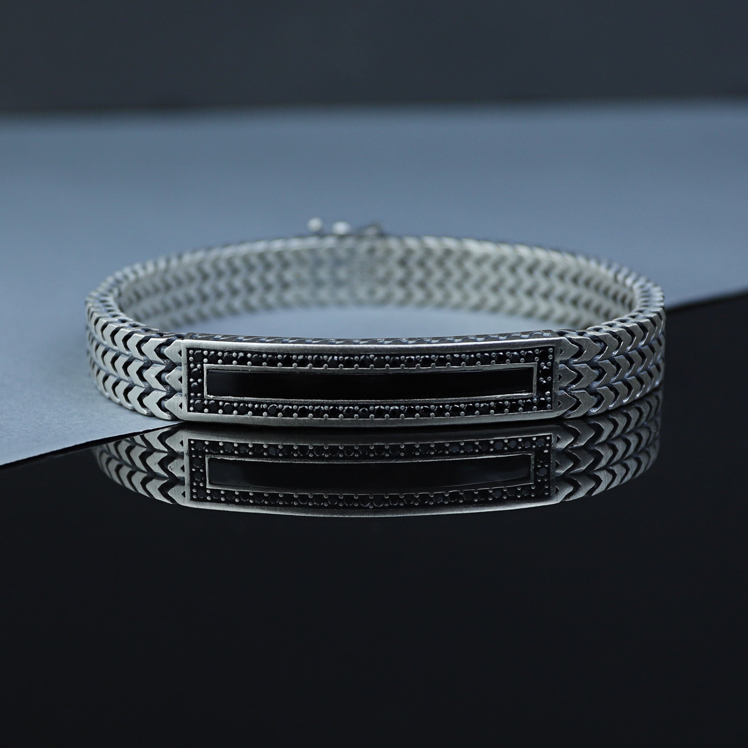 Silver Onyx Gemstone Foxtail 10MM Chain Bracelet