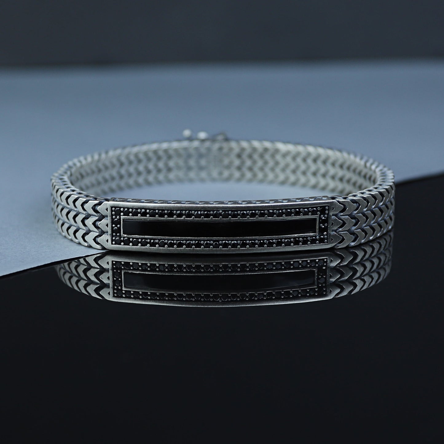 Silver Onyx Gemstone Foxtail 10MM Chain Bracelet