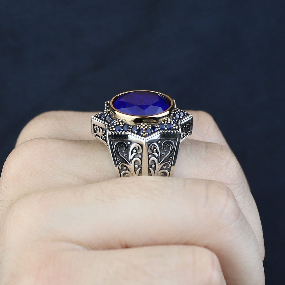 Mens Blue Sapphire Ring, Star Sapphire Gemstone Ring, Turkish Handmade Ottoman Style Ring, Turkish Handmade Ring, 925 Sterling Silver