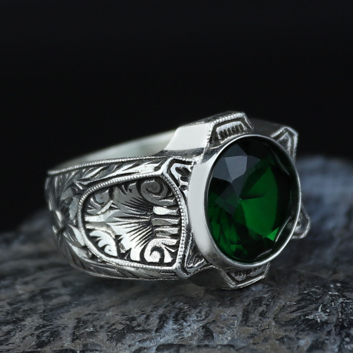925 Sterling Silver Green Emerald Ring for Men – Handmade Vintage Style