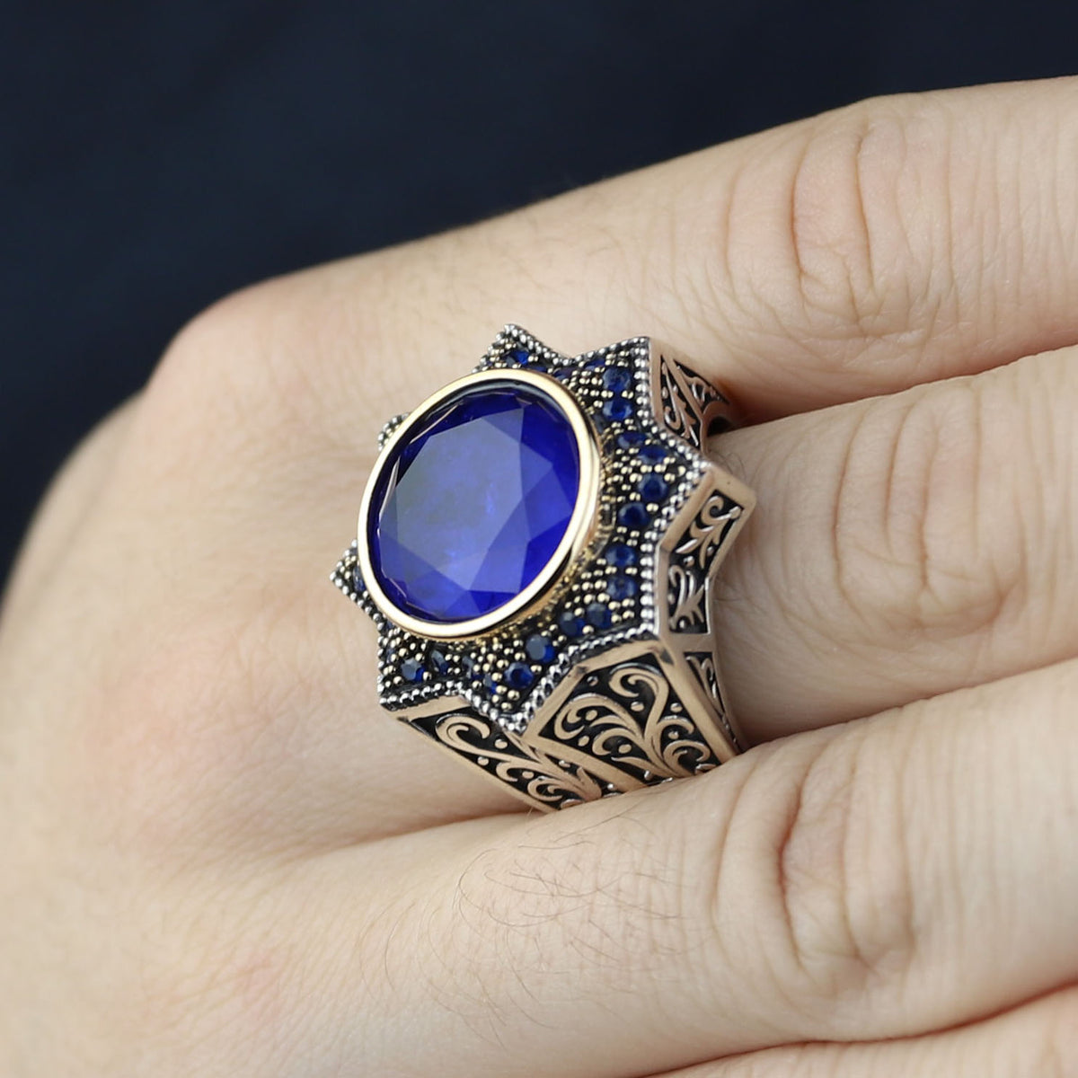 Mens Blue Sapphire Ring, Star Sapphire Gemstone Ring, Turkish Handmade Ottoman Style Ring, Turkish Handmade Ring, 925 Sterling Silver