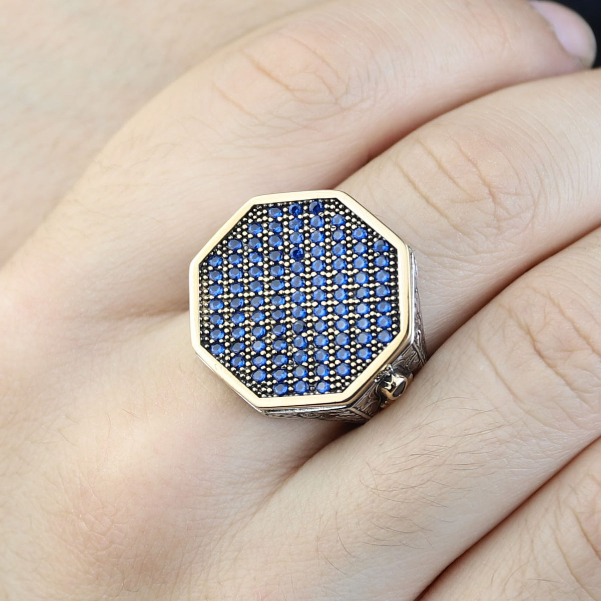 Men Blue Sapphire Stone Signet Ring, Multi Sapphire Stone Ring, Turkish Handmade Ottoman Ring , Father Day Gift, 925k Sterling Silver Ring