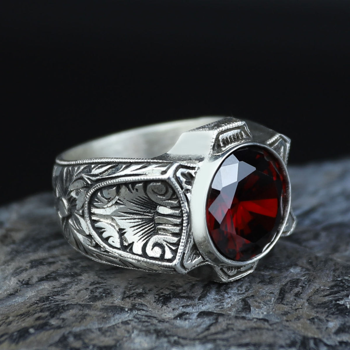 925 Sterling Silver Garnet Ring for Men – Handmade Vintage Style