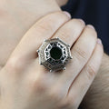 Men Islamic Vintage Emerald Stone Ring, Round Engraved Green Stone Ring, Turkish Handmade Ring, Ottoman Style Ring, 925k Silver Ring