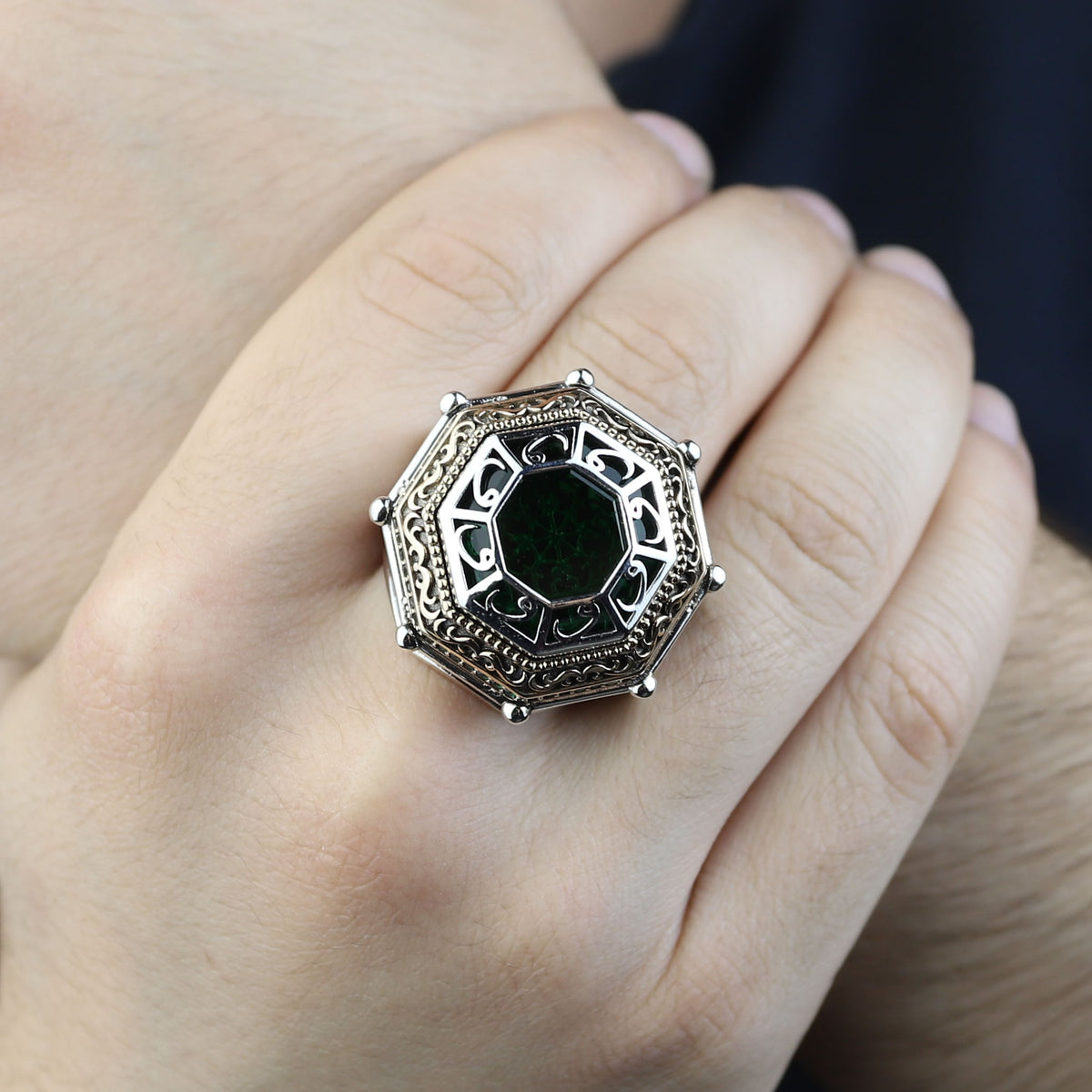 Men Islamic Vintage Emerald Stone Ring, Round Engraved Green Stone Ring, Turkish Handmade Ring, Ottoman Style Ring, 925k Silver Ring