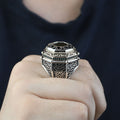 Men Islamic Vintage Emerald Stone Ring, Round Engraved Green Stone Ring, Turkish Handmade Ring, Ottoman Style Ring, 925k Silver Ring